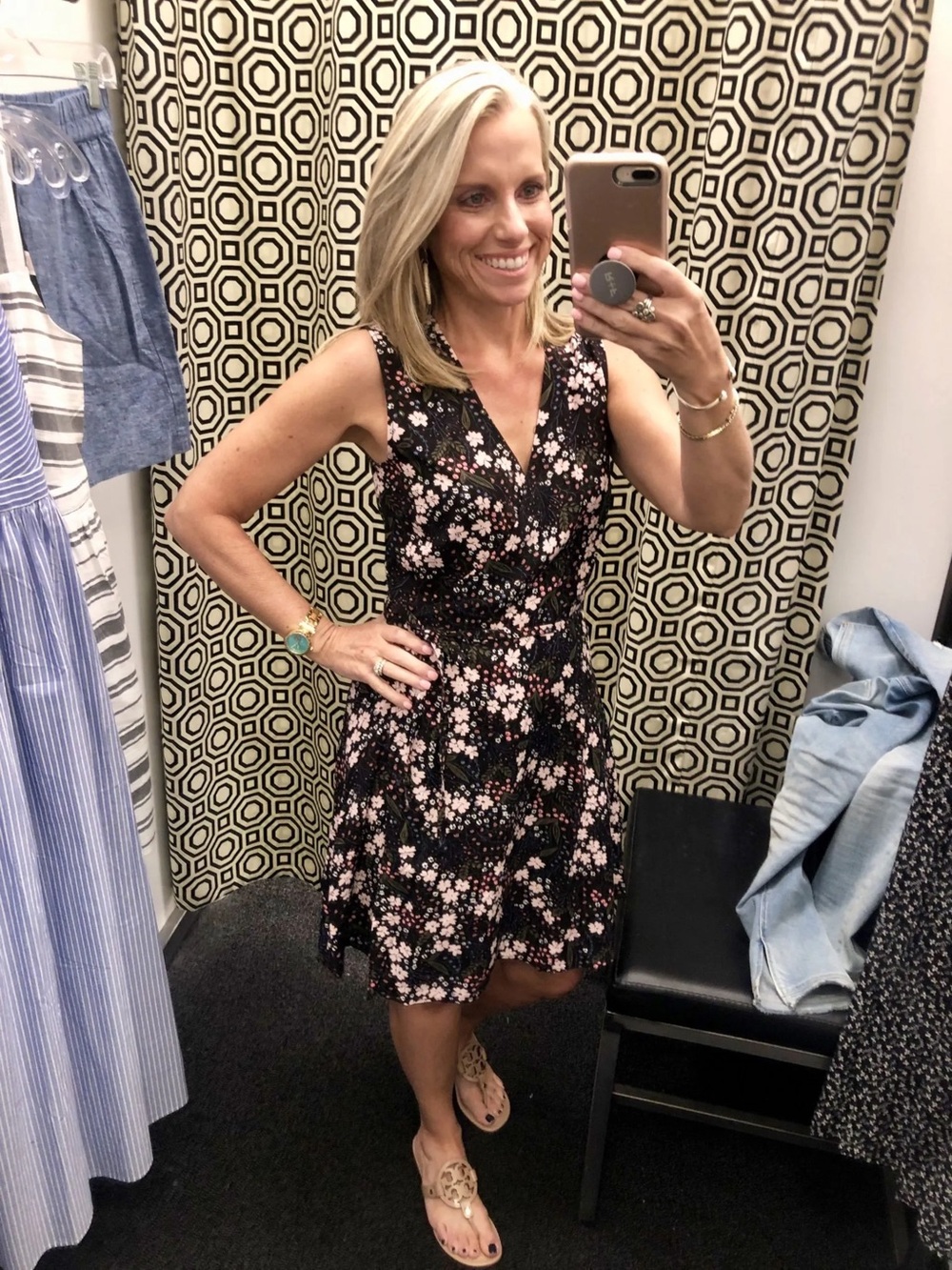 LOFT Black Sleeveless V‑Neck Mini Dress with Pink Floral Print